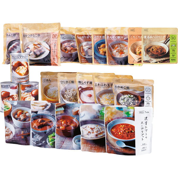 SPUエントリー ＋5と0のつく日はさらにお買得！ ▼▼▼▼エントリーはこちら▼▼▼▼ ▲▲▲▲エントリーはこちら▲▲▲▲ 新DAILY652725 「デイリーイザメシ」は1人3日分の保存食セット。ごはん7種、おかず9種、パン3種、スイーツ2種が各1個、合計21個入っています。ボックスは普段使いができる引き出しタイプ。 保存食というと棚の奥にしまわれがちですが、シンプルで明るいデザインなので、インテリアに自然に溶け込みます。 食べたら補充するローリングストックにも便利です。 原産国:JPN：日本 宅配冷蔵区分:01：常温 賞味期限は別途商品ラベルに記載 ・ごはん・ひじきご飯・わかめご飯各100g×各1、ふわふわ玉子粥360g・梅しらす雑炊360g・しっかりおでん330g・ごろごろ肉じゃが200g・まんぞく豚汁（レトルト）300g・ぶり大根200g・煮込みハンバーグ190g・ほっこりけんちん汁（レトルト）310g・きのこと鶏の玄米スープごはん265g・濃厚トマトのスープリゾット265g・名古屋コーチン入りつくねと野菜の和風煮210g・ごろごろ野菜のビーフシチュー200g・ヨーグルトが隠し味のスパイシーチキンカレー260g・黒みつきなこ餅148g・あんこ餅153g×各1、マフィン缶×3（あずき・プレーン・オレンジ各2個入） 掲載商品の仕様や付属品等の詳細につきましては メーカーに準拠しておりますので メーカーホームページにてご確認下さいますよう よろしくお願いいたします。 当店は他の販売サイトとの併売品があります。 ご注文が集中した時、システムのタイムラグにより在庫切れとなる場合があります。 その場合はご注文確定後であってもキャンセルさせて頂きますのでご了承の上ご注文下さい。