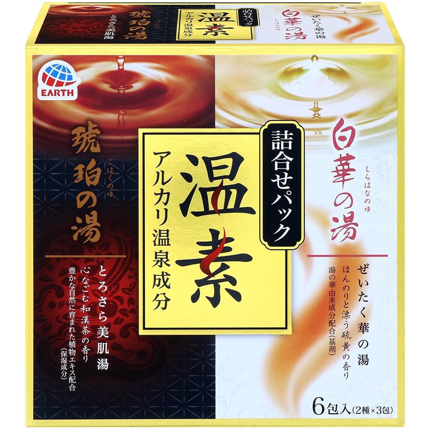 ■医薬部外品 ■日本 ■アース製薬 ■成分 ■琥珀の湯：【有効成分】炭酸水素ナトリウム、炭酸ナトリウム【その他の成分】ポリアクリル酸塩、無水ケイ酸、香料、ステアリン酸PEG、POE（300）POP（55）、サリチル酸、グリシン、石けん用素地、ゴボウエキス、ヨモギエキス、BG、シラカバエキス、ドクダミエキス、チャエキス（1）、乾燥硫酸Na、青1、赤102、黄4 ■白華の湯：【有効成分】炭酸水素ナトリウム、炭酸ナトリウム【その他の成分】酸化Ti、ポリアクリル酸塩、香料、無水ケイ酸、ポリアクリル酸Na、ポリアクリル酸、ベントナイト、サリチル酸、ステアリン酸PEG、グリシン、硫酸Ca ■広告文責：Think Rich Store TEL 082-881-1870 掲載商品の仕様や付属品等の詳細につきましては メーカーに準拠しておりますので メーカーホームページにてご確認下さいますよう よろしくお願いいたします。 当店は他の販売サイトとの併売品があります。 ご注文が集中した時、システムのタイムラグにより在庫切れとなる場合があります。 その場合はご注文確定後であってもキャンセルさせて頂きますのでご了承の上ご注文下さい。