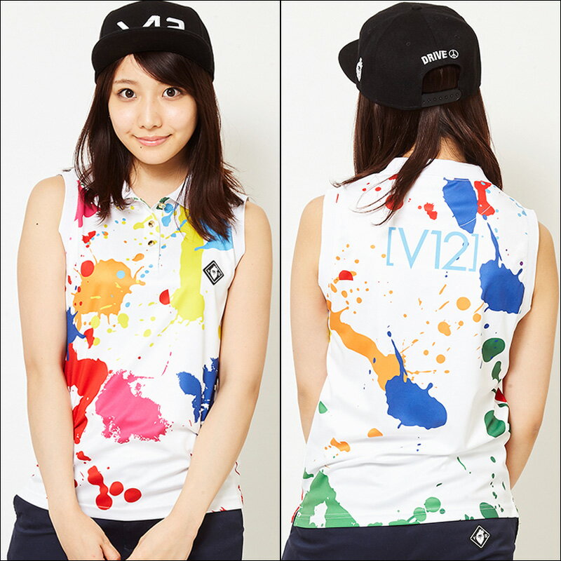 V12 ゴルフ ヴィ・トゥエルヴ レディース DRIPPING ノースリーブポロシャツ V121910-CT06 02/White ホワイト 春夏【新品】19SS ゴルフウェアレディス トップス N/S 落書き ペンキグラフィック ドリッピング おしゃれ V12 GOLF
