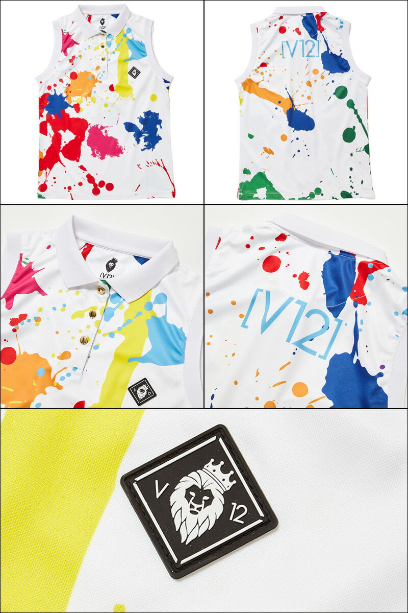 V12 ゴルフ ヴィ・トゥエルヴ レディース DRIPPING ノースリーブポロシャツ V121910-CT06 02/White ホワイト 春夏【新品】19SS ゴルフウェアレディス トップス N/S 落書き ペンキグラフィック ドリッピング おしゃれ V12 GOLF