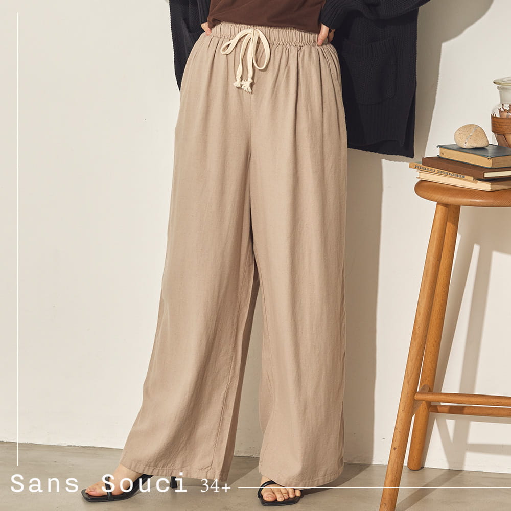 【Sans Souci 34+】綿麻レーヨンイージーパンツ レディース フリーサイズ ロングパンツ フルレングス ウエストゴム ボトムス 落ち感 ストレートシルエット デイリー 体型カバー ワイドパンツ ゆったり きれいめ