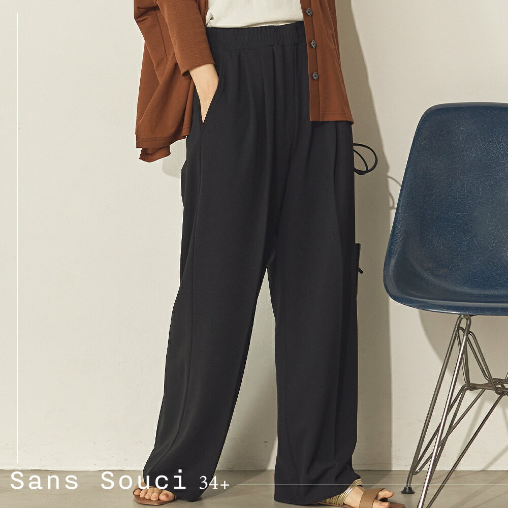 【Sans Souci 34+】カットジョーゼットセンタープレスパンツ レディース フリーサイズ カジュアル フルレングス ズボン ウエストゴム リラックス ゆったり 体型カバー イージーパンツ タックパンツ デイリー 大人 きれいめ 着回し thirtyfourplus-10000167 34plus パッケージ画像