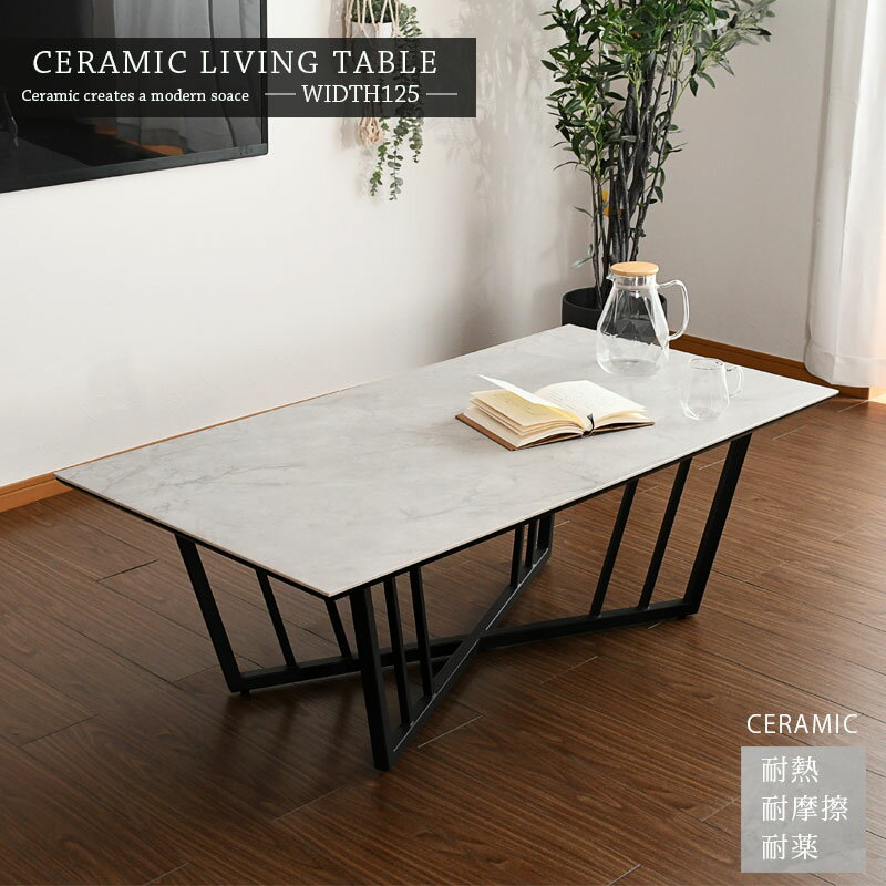 セラミック センターテーブル リビングテーブル ローテーブル 幅125cm おしゃれ モダン スタイリッシュ 高級感 奥行65cm 傷に強い 熱に強い スチール脚 ライトグレー 艶なし かっこいい 大きめ