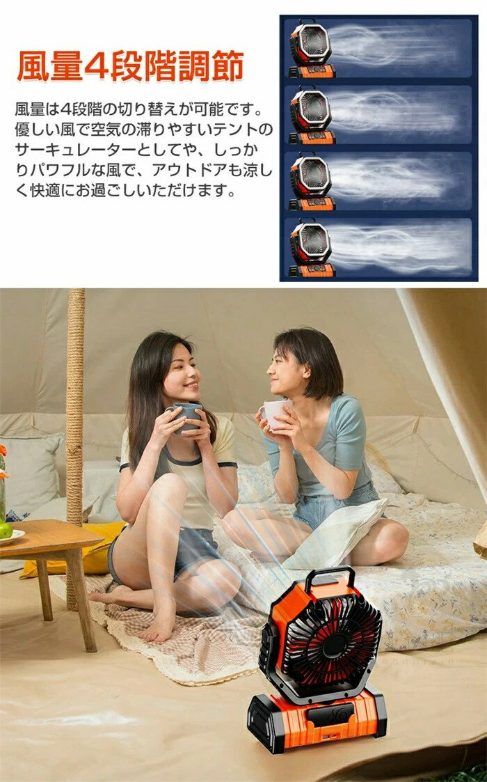 【アウトドア専用】扇風機 充電式 20000mAh大容量バッテリー 4段階風量切り替え 自動首振り 二重反転ファン せんふうき 16枚高輝度LEDライト搭載 タイマー機能 吊り下げ 小型 最大100時間連続使用 防災 キャンプ用 リモコン付き パワフル送風