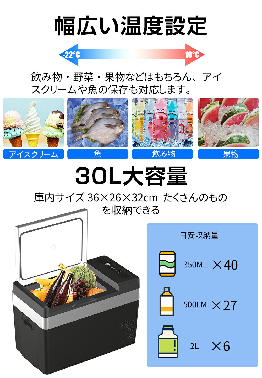 【最大2000円OFFクーポン＆抽選で100%Pバック】車載冷蔵庫 ポータブル冷蔵庫 30L -22℃〜10℃ 車載用冷蔵庫 AC/DC電源対応 保冷庫 冷蔵庫 家庭用 大容量 車中泊 釣り キャンプ 1年保証 2