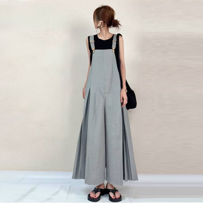 【新発売記念価格！】プリーツサロペット レディース オールインワン ロングパンツ ワイドパンツ オーバーオール ガウチョパンツ 夏服 カジュアル ゆったり 可愛い 体型カバー オシャレ 大人 切り替え キャザー 春 夏
