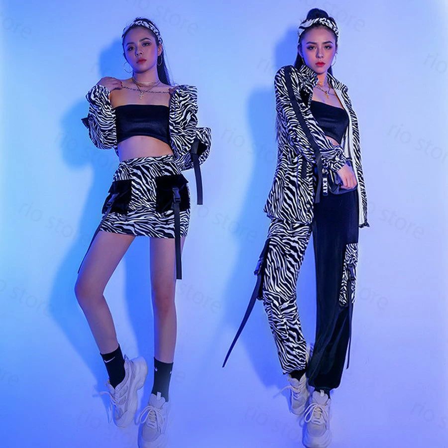 【P10倍→実質6,642円】韓国ダンス衣装 レディース 大人 ブラック ゼブラ柄 ダンス衣装 jazz ジャズ ステージ衣装 かっこいい ヒップホップ レッスン着 練習着用 ジャケット タンクトップ パンツ スカート 3点セット 派手 セクシー 夜店 DS演出服