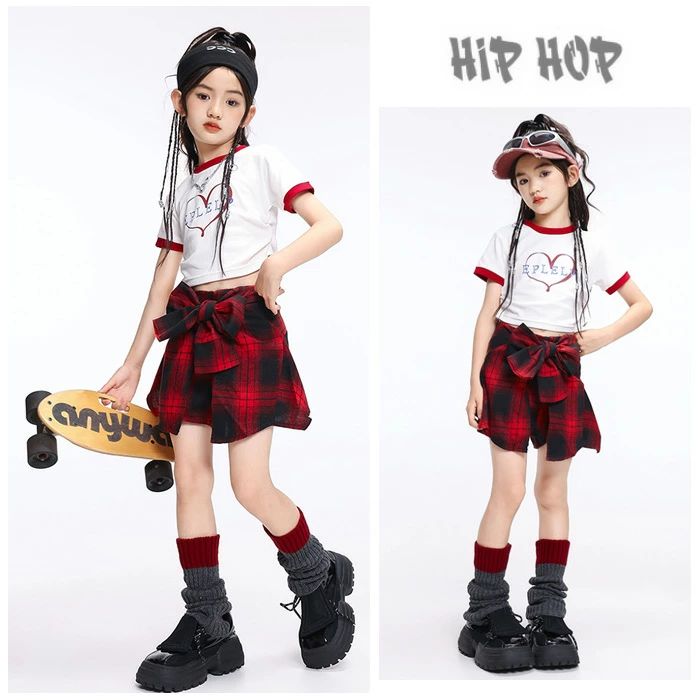 sunlightの【店長おすすめ】キッズダンス 女の子 ハート柄 白 ショート丈tシャツ 子供服 ヒップホップ チアガール キッズダンス衣装 セットアップ チェック柄 ミニスカート 可愛い 蝶結び 団体服 応援団 演出服 練習着 発表会 韓国 k-pop ショート トップス へそ出し｜アングル3