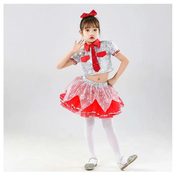 sunlightの【店長おすすめ】ダンス衣装 女の子 チア 応援団 発表会 キッズ ダンス スパンコール ステージ衣装 舞台衣装 女の子 半袖 へそ出し トップス チュチュスカート 子ども 団体服 演出服 ショート丈 トップス 幼稚園 合唱 イベント 衣装 かわいい セットアップ｜アングル2
