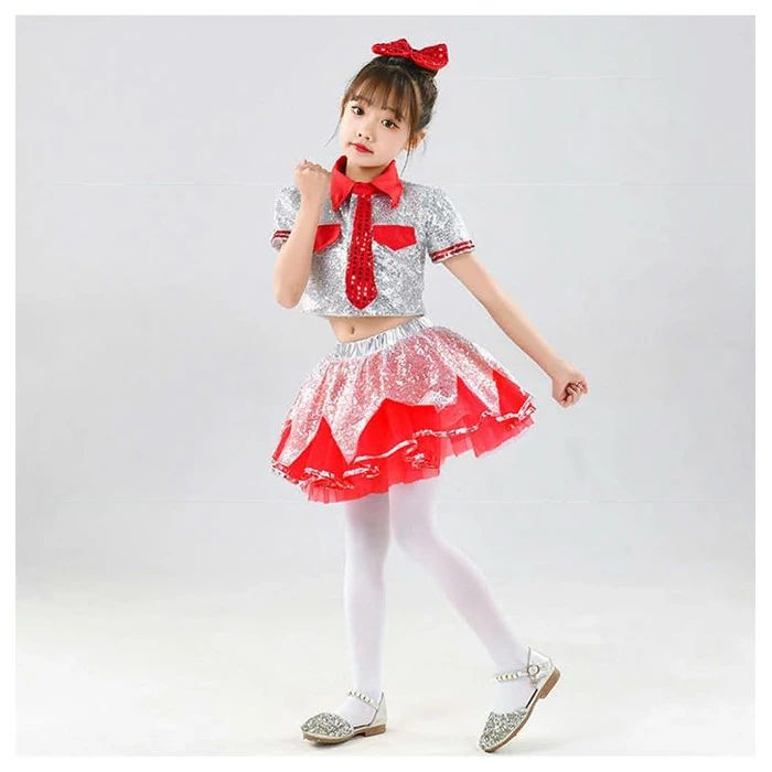 sunlightの【店長おすすめ】ダンス衣装 女の子 チア 応援団 発表会 キッズ ダンス スパンコール ステージ衣装 舞台衣装 女の子 半袖 へそ出し トップス チュチュスカート 子ども 団体服 演出服 ショート丈 トップス 幼稚園 合唱 イベント 衣装 かわいい セットアップ｜アングル3