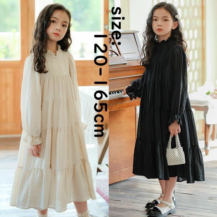 【P5倍！4980円→実質4731円 11/15 23:59まで】ワンピースドレス 女の子 姫系ドレス パフスリーブ フレアネック 結婚式 成人式 パーティー 演奏会 発表会 撮影用 卒業式 入学式 通学 可愛い 杏色 ブラック ティアードスカート ゆったり ウェディングドレス プリンセス