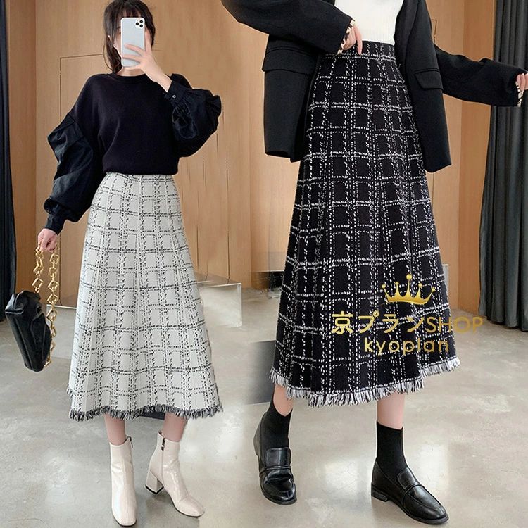 【P2倍！3780円→実質3704円 11/27 01:59まで】スカート ニットスカート ロングスカート ボトムス 秋冬 Aライン 膝下 ミモレ丈 フレアスカート ハイウエスト ウエストゴム 伸縮性 カジュアル レディース ロング丈 チェック柄 春(4)