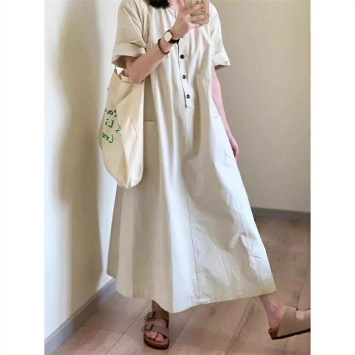 【店長おすすめ】シャツワンピース 半袖 レディース 夏 きれいめ Aラインワンピース ロング丈 クルーネック Aライン カジュアル フレア 無地 美脚 体型カバー 楽ちん 大人カジュアル 体型カバー 日常 コーデ ベージュ M L ワンピース 綿麻風 ロングワンピース