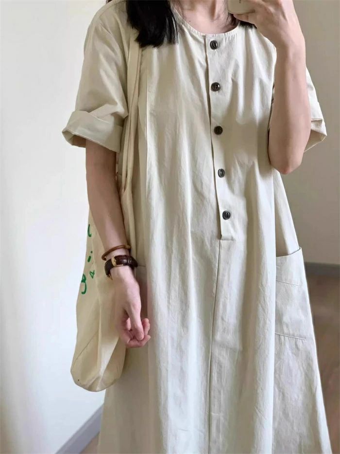 【店長おすすめ】シャツワンピース 半袖 レディース 夏 きれいめ Aラインワンピース ロング丈 クルーネック Aライン カジュアル フレア 無地 美脚 体型カバー 楽ちん 大人カジュアル 体型カバー 日常 コーデ ベージュ M L ワンピース 綿麻風 ロングワンピース