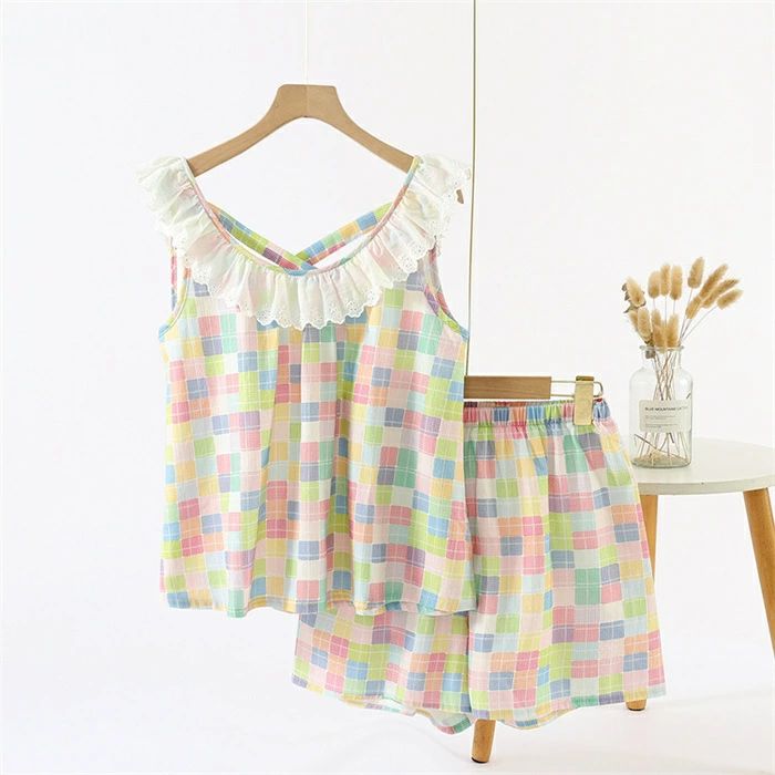 【店長おすすめ】パジャマ 2点セット レディース 夏 ガーゼルームウェア ショートパンツ ガーゼパジャマ 綿100% コットン 綿 上下セット チェック柄 薄手 かわいい 大人 ナイトウェア 部屋着 寝間着 可愛い ギフト 寝巻き ノースリーブ キャミソール