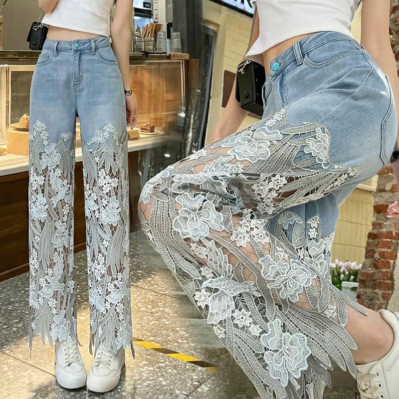 【店長おすすめ】デニムパンツ ワイドパンツ 透け感 花柄 刺繍 ロング ワイドパンツ ボトムス ジーンズ ジーパン シンプル カジュアル ゆったり かわいい 春夏 オシャレ ジュニア 韓国 ファッション デニム レース 異素材ミックス