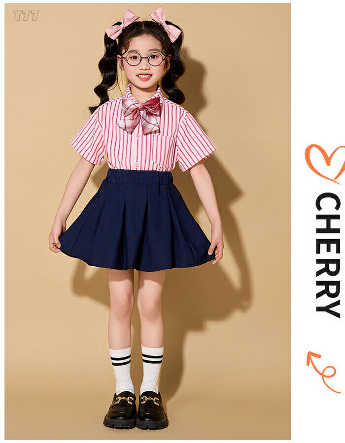 【店長おすすめ】キッズ ダンス衣装 ストライプ柄 シャツ 女の子 半袖 幼稚園 小学校 子供服 カジュアルシャツ 赤シャツ 杏シャツ 青シャツ 運動会 応援団 普段着 公演服 文化祭 学園祭 ガールズ かわいい シャツ 普段着 110 120 シャツ 舞台 団体服 演出服