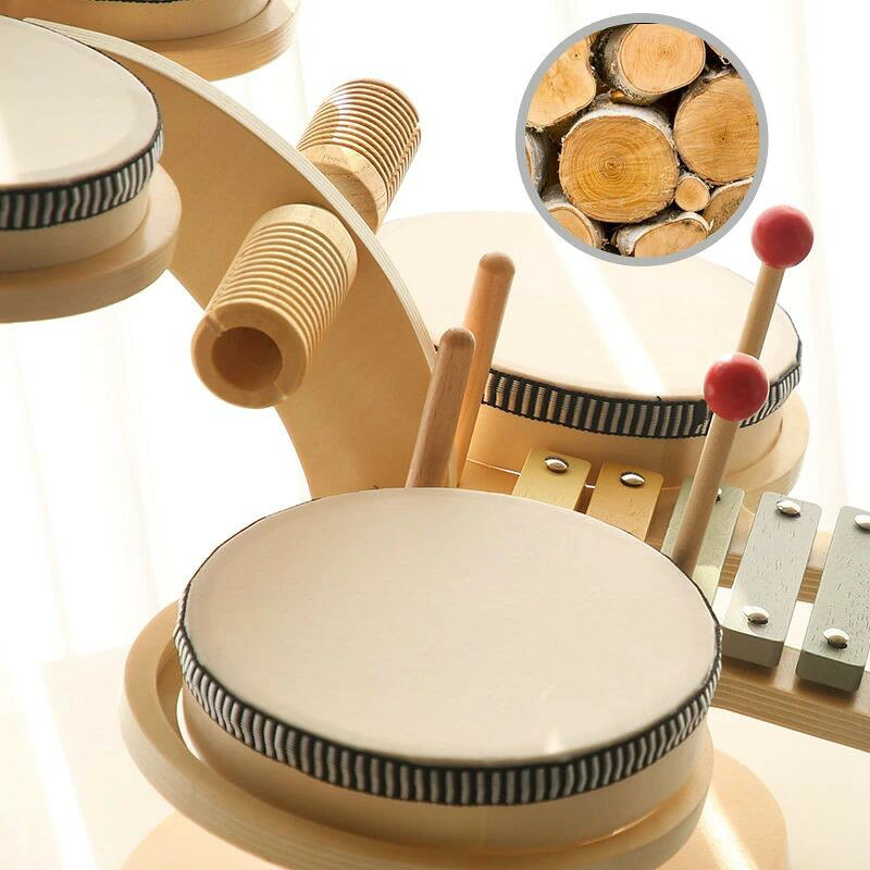 sunlightの【店長おすすめ】 木製 わくわく音あそびセット キッズ ドラムセット 楽器おもちゃ 打楽器 玩具 クリスマス プレゼント 誕生日 木琴 シンバル ウッドブロック｜アングル3