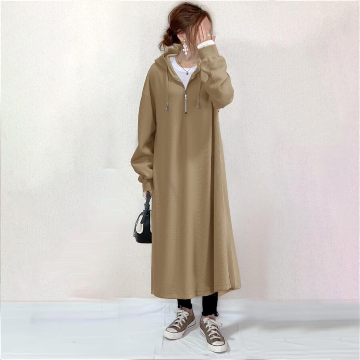 【P2倍！3732円→実質3657円 11/27 01:59まで】レディース パーカーワンピース ロングパーカー フード付き 長袖 ビックシルエット ロング丈 可愛い お洒落 カジュアル ゆったり 春秋冬 ワンピース 冬服 秋服 後ろプリーツ(4)