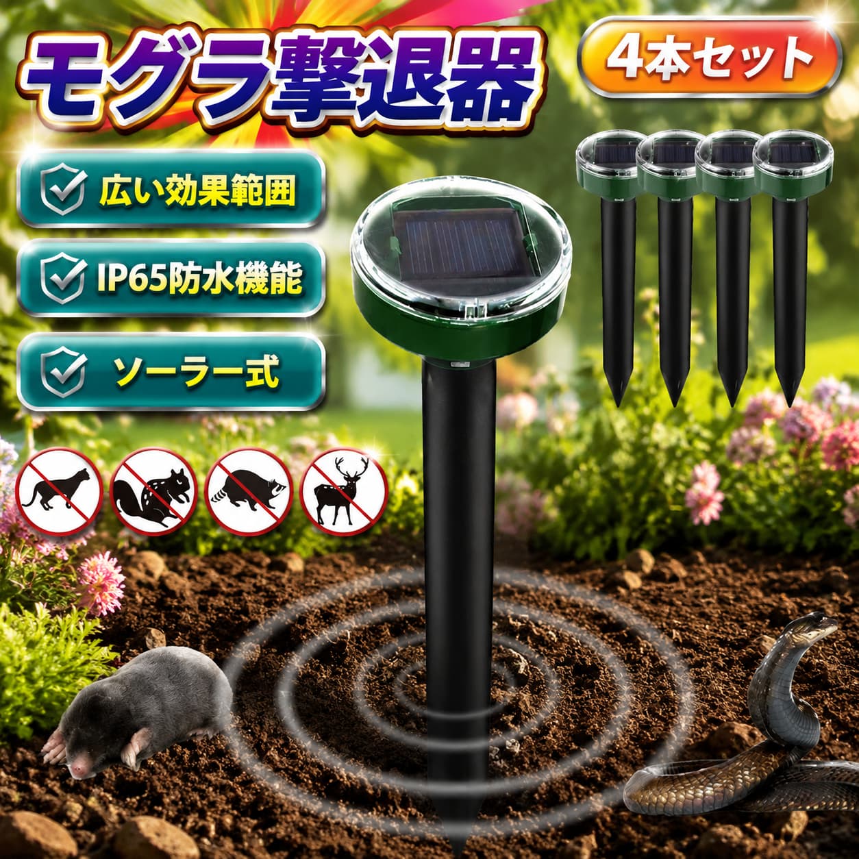 ★ソーラーパネル・2V/45MA ★消費電力 ・★製品素材・ABS★材質・ABS樹脂 ★防水レベル・IP65★サイズ ・長さ26*直径3.5cm★バッテリー容量 ・600mAh★重さ ・約70g/本★振動時間 ・振動4秒、間隔約20秒★動作原理 ・内蔵ブザー(音波)/モーターが振動し、地面と共鳴して追い払う★生産国・中国★注意事項★※撮影の為、画質等の関係上、色などが実際の商品と若干違ってしまうこともあるかもしれませんがご理解のほどご入札ください。予めご了承ください。※製造時期によりデザインや仕様に若干の変更がある場合がございます。予めご了承ください。★配送について※同じ注文で2点以上ご購入頂く場合には、分けて発送可能性がございます。※一時欠品の際は、ご注文頂いて4・7日の入荷となります。※万が一ご出荷が遅れる場合はメールでご連絡致します。※直接仕入先からの発送する場合があります。※パッケージや衣装箱が予告無く変更になる場合がございます。※メーカー完売の際はご容赦ください。 不良品についての説明基づいて掲載しています
