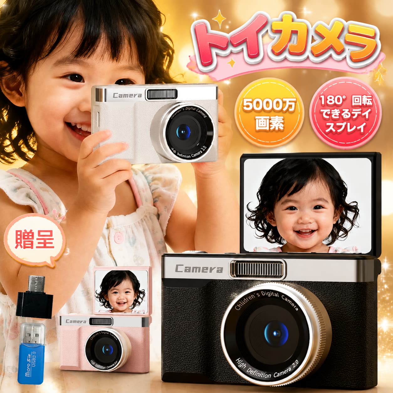★画素・5000万★光学ズーム・8倍デジタルズーム★スクリーン・ 2.4インチ スクリーン★バッテリー容量・300mAh★充電時間・約3.5・4時間★設定言語・日本語対応★パッケージ内容・デジタルカメラ本体*1・ストラップ*1・充電ケーブル*1・日本語取扱説明書★生産国・中国★注意事項★※撮影の為、画質等の関係上、色などが実際の商品と若干違ってしまうこともあるかもしれませんがご理解のほどご入札ください。予めご了承ください。※製造過程・輸送時などで擦れや細かいキズがある場合がございます。ご使用には全く問題ございませんので何卒ご了承ください。※店内商品全て楽天倉庫側から発送します。ラッピングの対応は出来かねます。予めご了承ください。※製造時期によりデザインや仕様に若干の変更がある場合がございます。予めご了承ください。★配送について※同じ注文で2点以上ご購入頂く場合には、分けて発送可能性がございます。※一時欠品の際は、ご注文頂いて4・7日の入荷となります。※万が一ご出荷が遅れる場合はメールでご連絡致します。※直接仕入先からの発送する場合があります。※パッケージや衣装箱が予告無く変更になる場合がございます。※メーカー完売の際はご容赦ください。 不良品についての説明基づいて掲載しています