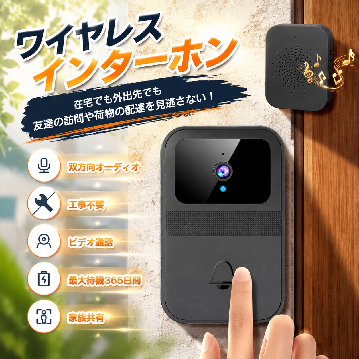【店長おすすめ】インターホン ワイヤレス 工事不要 カメラ付き ドアホン ワイヤレ...
