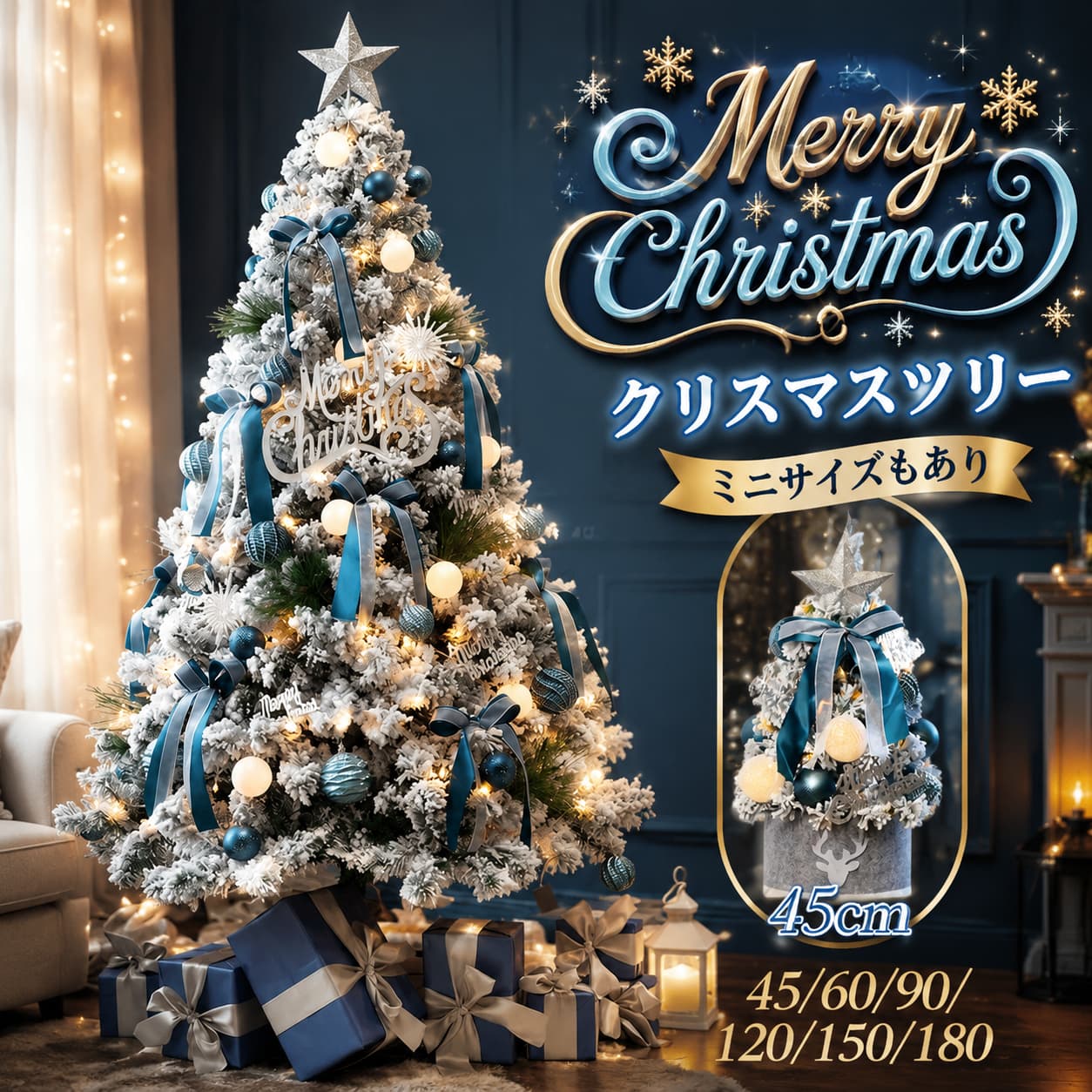 ちいさなサイズから、おおきなサイズまで、多彩なラインナップ。ごやお部屋の広さに合わせて、最適なサイズをお選びください。45cm：・ サイドテーブルやTV台の上に置くのに最適。リビングや部屋の一角を見せ場に変える存在感です。60cm：・ 小さなお部屋や玄関、コーナースペースの主役に。コンパクトながらも、しっかりとクリスマスの華やかさを演出します。ご家庭のリビングや玄関、ゲストルームはもちろん、カフェやオフィス、店頭などシーンに合わせてお選びください。お気に入りのオーナメントをつけたり、お部屋の雰囲気に合わせた飾り付けであなただけのクリスマスツリー作りをお楽しみください！コンセント不要の電池式なので、設置場所を選びません。毎年繰り返し使える品質の高さも魅力です。包装：ダンボール箱材質：PVPサイズ：45cm/60cm/90cm/120cm / 150cm / 180cm (高さ)主な特徴：全点セットで届く：・ オーナメントやトップスターなど、装飾品が最初からすべて付属。追加購入の手間がかかりません。電池式で便利：・ コードレスのため、お部屋のレイアウトを邪魔せず、設置場所の自由度が高いです。クリスマスツリーの取り付け手順1.まず、ツリーの土台を広げ、固定ネジを取り付けます。この時、後で幹が差し込めなくなる恐れがありますので、ネジはまだ強く締めないでください。2.次に、ツリーの幹を土台に差し込みます。3.三番目に、ツリーの形を整え、枝を広げます。4.四番目に、クリスマスツリーの上部と下部を接続し、引き続きツリーの形を整えます。5.五番目に、枝を丁寧に広げ、一本ずつバランスよく配置して、よりボリュームのある仕上がりに整えます。6.六番目に、付属品の箱を開け、LEDライトを取り出してクリスマスツリーに巻き付けます。7.七番目に、その他のオーナメントを順番にクリスマスツリーへ飾り付けます。8.LEDライトの先端をボール飾りの穴に差し込みます。注意事項・ 品質には問題ございませんが、撮影環境やご使用のモニターにより、色味に多少の違いが生じる場合がございます。返品・交換の対象外となりますのでご了承ください。・お急ぎの場合は、余裕をもってご注文ください。・ 沖縄・離島への配送は別途送料を頂戴いたします。・ 北海道への配送も別途送料を頂戴いたします。・ サイズは手作業による採寸のため、多少の誤差が生じる場合がございます。・ご不明な点がございましたら、お気軽にお問い合わせください。商品のご不明点やご注文について、お気軽にご連絡いただけますと幸いです。 不良品についての説明基づいて掲載しています