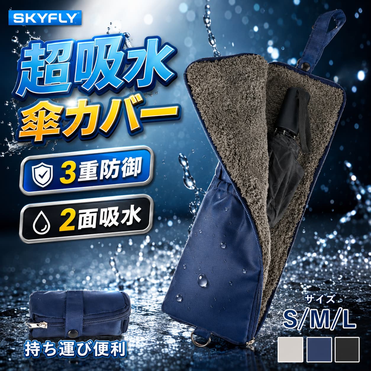 【期間限定1101円→991円】SKYFLY 傘カバー 超吸水 傘ケース 傘袋 折りたたみ カサ ストラップ付き 傘収納 長傘収納 雨 レイン 傘入れ 傘ポケット 水洗い レイングッズ 肩紐付き 雨具 通勤 通学 軽量 梅雨 持ち運び シンプル コンパクト 濡れ防止 折り畳み傘ケース