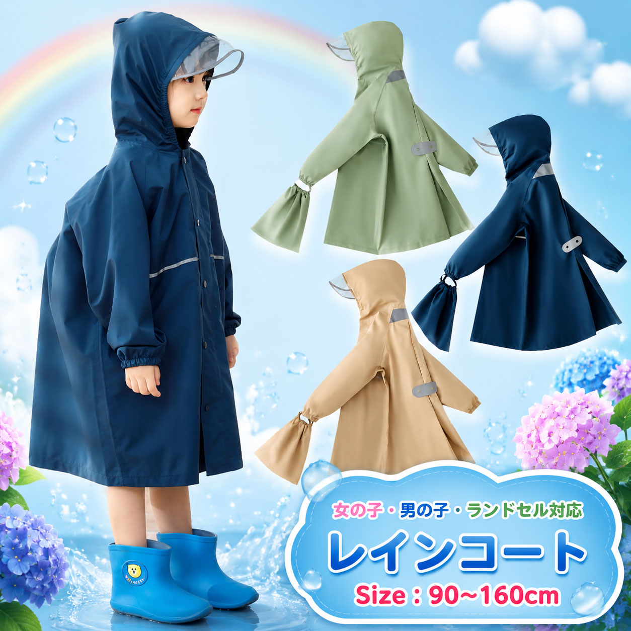 商品説明参考サイズcm※素材：ナイロン※商品： レインコート キッズ かわいい 無地 収納袋付き 女の子 男の子 子供 レインコートランドセル対応 レインウェア レイングッズ 防水 撥水 子供 幼児 雨具 小学生 幼稚園 通学用 通園 入学 入園※【反射テープ付き】 フードに反射テープ付き、そして、フードは周りが透明となっていて、 視界が良く、安全性に優れています。暗い雨の日や夜道にお子様の安全を守る！ ※【ランドセル対応】 レインコートのバックにはランドセルに対応する十分なスペースがございます。 そして、フロントにポケット付きで、非常に便利です。素材（ポリエステル）カラー（レインコート キッズ）商品※【レインコート　キッズ　子供用】送料■全国一律900円（2点以上の同時購入は1点追加につき250円加算）■送料無料サービス[1回のご注文金額3980円（税込）以上の場合]（※他送料設定や送料無料などは除外）配送方法佐川急便/西濃運輸/ヤマト運輸注意事項■万一在庫切れの場合はご了承ください。■商品の色及びサイズは、撮影状況やPC環境により多少異なって見える場合がございます。■サイズ数字は目安です。商品により若干の誤差がございます。■メーカーの都合により、商品細部のデザインや素材が予告無く変更される場合がございます。■生産コスト優先のため粗雑な縫製や色ムラが稀にみられることがございます。着用に支障が無いものに関しましては保証対象外となります。 不良品についての説明基づいて掲載しています