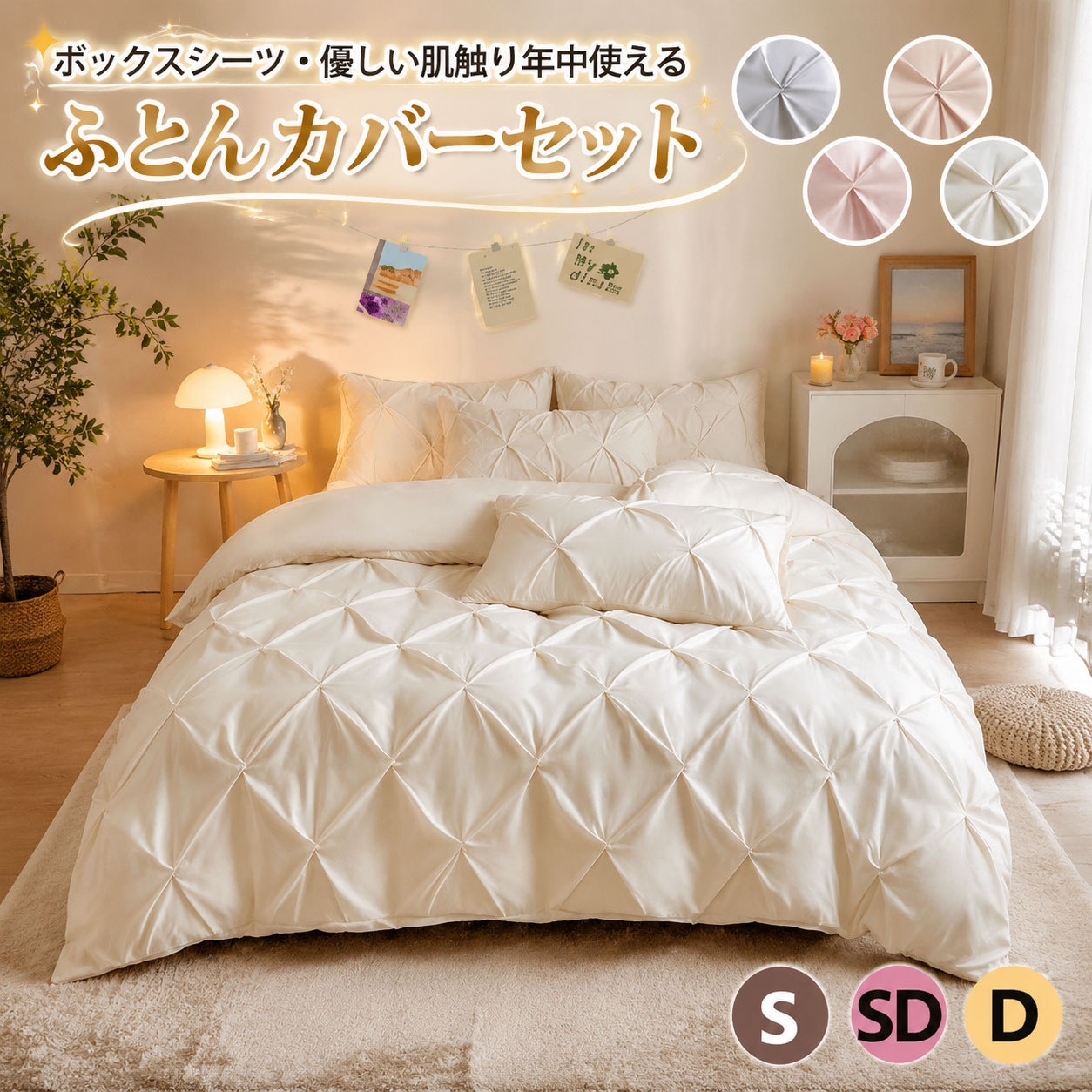商品説明参考サイズcm素材：ポリエステル100％サイズ：【S】：布団カバー(1枚)150x210cm、ボックスシーツ(1枚)100*200+30cm、枕カバー(1枚)43*63cm【SD】：布団カバー(1枚)170x210cm、ボックスシーツ(1枚)120*200+30cm、枕カバー(2枚)43*63cm【D】：布団カバー(1枚)190x210cm、ボックスシーツ(1枚)140*200+30cm、枕カバー(2枚)43*63cm※お部屋を明るく彩る、北欧風のおしゃれなストライプ柄が特徴の布団カバーセットです。※SNSで話題のこのセットは、高級感を演出しつつ、爽やかな配色で落ち着いた雰囲気を提供します。※柔らかく肌に優しい触り心地が魅力です。※快適な睡眠をサポートする通気性に優れた生地は、洗濯機でのお手入れも簡単で、いつでも清潔に保てます。※セット内容は、セミダブルやシングルサイズに対応する布団カバー、ボックスシーツ、そして枕カバーが含まれており、3点セットまたは4点セットから選べます。※ズレを防ぐための紐が四隅に付いているので、布団がずれる心配もありません。※この布団カバーセットは、毎日の生活に上質なリラックスタイムをもたらし、ベッドルームをスタイリッシュに演出します。※毛玉になりにくい高密度生地を採用しているため、長く愛用できる耐久性も備えています。※おしゃれで機能的なこのセットで、心地よい眠りとともに、部屋の印象を一新しましょう。素材（100%）ポリエステルカラー選べる4色商品※【布団カバーセット　掛けふとんカバーセット】商品説明配送方法佐川急便/西濃運輸/ヤマト運輸注意事項■万一在庫切れの場合はご了承ください。■商品の色及びサイズは、撮影状況やPC環境により多少異なって見える場合がございます。■サイズ数字は目安です。商品により若干の誤差がございます。■メーカーの都合により、商品細部のデザインや素材が予告無く変更される場合がございます。■生産コスト優先のため粗雑な縫製や色ムラが稀にみられることがございます。着用に支障が無いものに関しましては保証対象外となります。 不良品についての説明基づいて掲載しています