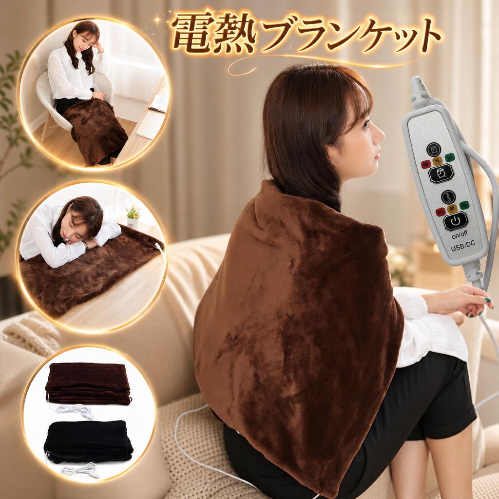 商品名:ひざ掛け 電気ブランケット素材:、ポリエステルカラー:ブラック、ブラウンサイズ:45*80cm重量：約300gUSBポート出力要求：2A/5V生産国:中国ご注意：本製品はポケットだけ加熱することができます。ご自宅やオーフィスでのパソコン作業に適用します。USB給電式なので、場所を問わず、モバイルバッテリー、パソコンなどを利用していつでも充電できます。作業しない場合やドラマやアニメを十分楽しめたい場合、暖かいポケットに手を入れて、ゆるゆるな一日を過ごしましょう。普段使い、自分用、オフィス用、お友達やご家族へのギフトとしても最適です。 丸洗いで洗濯できます。ポケットの電気装置がこわれないようお手洗い推奨します。●カラーにつきましては、ケータイ、パソコンのモニター環境により、異なって見える場合がございます。予めご了承下さいませ。●輸入商品について、ご存知の通り海外の工場での縫製は日本の工場と比べますと、縫製の見劣り・糸のほつれ、製造過程における小さなキズ、シミなどが見られる場合がございますが、不良品ではございません。出荷時にすべての商品を検品しておりますが、予め上記点ご了承下さい。 不良品についての説明基づいて掲載しています