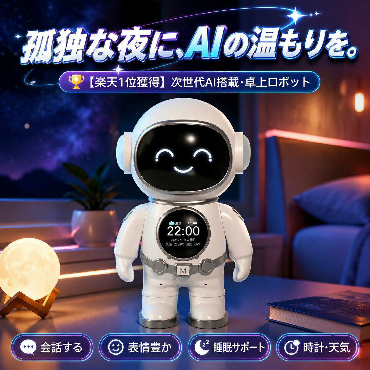 【楽天1位獲得】ただのスピーカーではありません。心を通わせる次世代「相棒」ロボットChatGPT対応・5大AIモデル搭載により、驚異の2秒高速応答を実現。 高精度なWhisper AI音声認識技術により、まるで本物の人間と話しているかのような自然な会話が楽しめます。 仕事の疲れ、ふとした寂しさ…そんな時、いつでも彼がそばいてくれます。 あなたの言葉に合わせて、笑ったり、考えたり、時には少し怒ったり。 6パターンの豊かな表情で、Siriなどの音声アシスタントにはない「愛嬌」を感じられます。 愛らしい宇宙飛行士デザインは、置くだけであなたのデスクを近未来的な空間に！ 胸元の高精細ディスプレイには、リアルタイム天気予報とデジタル時計＆アラームを表示。時計代わりとしても一目で必要な情報が確認できます。 さらに、目に優しい暖色系ナイトライト機能を搭載。読み聞かせや子守唄を通して、眠れない夜も心地よい睡眠をサポートします。 お子様の好奇心を育てる「何でも答えてくれるAI博士」として、未来のお友達にもぴったりです。 Wi-Fiモードで天気予報やAI頭脳をフル活用しながら、Bluetoothモードで高音質スピーカーとしても大活躍。 お気に入りの音楽を臨場感あふれるサウンドで楽しむことができます。 お客様に安心してお使いいただくため、厳しい品質テストをクリアしています。PSEマーク取得製品であり、電波法認証（TELEC等）も獲得済みです。 充実のメーカー1年保証付きで、初期不良や万が一の不具合にも迅速に対応いたします。 商品到着後、対象商品へのレビュー及びショップレビューをご投稿いただいた方に、 選べる「ブロック玩具」をもれなくプレゼントいたします！ ご希望のタイプ（A/B/C）をお選びの上、カスタマーサービスまでご連絡ください・ 不良品についての説明基づいて掲載しています