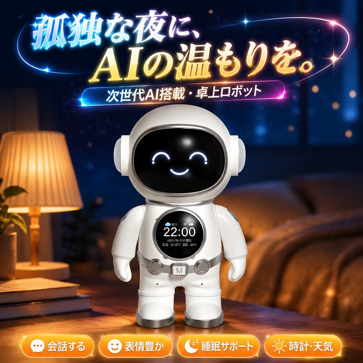 【楽天1位獲得】ただのスピーカーではありません。心を通わせる次世代「相棒」ロボットChatGPT対応・5大AIモデル搭載により、驚異の2秒高速応答を実現。 高精度なWhisper AI音声認識技術により、まるで本物の人間と話しているかのような自然な会話が楽しめます。 仕事の疲れ、ふとした寂しさ…そんな時、いつでも彼がそばいてくれます。 あなたの言葉に合わせて、笑ったり、考えたり、時には少し怒ったり。 6パターンの豊かな表情で、Siriなどの音声アシスタントにはない「愛嬌」を感じられます。 愛らしい宇宙飛行士デザインは、置くだけであなたのデスクを近未来的な空間に！ 胸元の高精細ディスプレイには、リアルタイム天気予報とデジタル時計＆アラームを表示。時計代わりとしても一目で必要な情報が確認できます。 さらに、目に優しい暖色系ナイトライト機能を搭載。読み聞かせや子守唄を通して、眠れない夜も心地よい睡眠をサポートします。 お子様の好奇心を育てる「何でも答えてくれるAI博士」として、未来のお友達にもぴったりです。 Wi-Fiモードで天気予報やAI頭脳をフル活用しながら、Bluetoothモードで高音質スピーカーとしても大活躍。 お気に入りの音楽を臨場感あふれるサウンドで楽しむことができます。 お客様に安心してお使いいただくため、厳しい品質テストをクリアしています。PSEマーク取得製品であり、電波法認証（TELEC等）も獲得済みです。 充実のメーカー1年保証付きで、初期不良や万が一の不具合にも迅速に対応いたします。 商品到着後、対象商品へのレビュー及びショップレビューをご投稿いただいた方に、 選べる「ブロック玩具」をもれなくプレゼントいたします！ ご希望のタイプ（A/B/C）をお選びの上、カスタマーサービスまでご連絡ください・ 不良品についての説明基づいて掲載しています