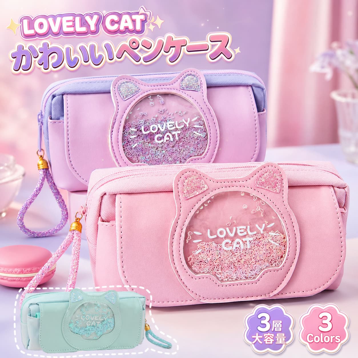 【可愛いねこのデザイン】ペンケースはかわいい猫をモチーフにしたデザインで、キラキラのビーズがオシャレなペンケースとなっています。ふせんや定規などを分けて収納できるポケットがついています。 筆記具などと分けて収容できるので、小物が探しやすく汚れにくいので安心です。【高品質の素材】ペンケースは高品質なキャンバス素材とPUレザーで作られ、耐久性があり、汚れに強く、清掃しやすく、耐摩耗性に優れたペンケースですし、筆箱内部の物をちゃんと守ります。ファスナーが好ましく、開閉が便利で、滑らかでカートンしません。長期間使用していただけます。【大容量で便利な3ポケット】 約21×9×7cmのサイズで、広々としたスペースには、たくさんのペンや鉛筆、定規などの文房具を収納できます。ペン類が約60-80本以上入る大容量デザインとなります。消しゴム、付箋、ハサミ、定規、メジャー、修正テープなどの小物もたっぷり収容できます。 筆箱は大きな開口部のデザインで、保管と中身の確認が簡単です。【多機能】ペンケースだけでなく、化粧ポーチ、化粧品収納、小物収納ポーチ、小物入れとしてもお使いいただけます。コンパクトなので様々な用途にご使用ください。【素晴らしい贈り物】小学生の女の子を中心に、可愛いデザインで良い評判をいただいています。ネコ耳とキラキラビーズに加えて、可愛いチャーム部分がシンプルでありながら人気の商品です。ピンク、パープル、ブルーと3つのカラーバリエーションを用意していますので、お好みの色をお選びいただけます。 不良品についての説明基づいて掲載しています