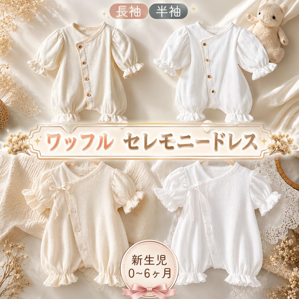 商品説明商品名セレモニードレス ベビードレス 退院着 セレモニーロンパース 新生児 柔らかく優しい肌触りの生地を使用しているのでお子様にも安心してご使用いただけます。素材ポリエステル65%、コットン35%生産国中国サイズ66cm3-6ヶ月　参考身長60-65cm73cm6-9ヶ月　参考身長65-70cm80cm9-12ヶ月　参考身長70-75cm セット内容ロンパース ロンパース+ニットボンネット 2点セット注意PC環境・光の具合により、色や素材のイメージが写真と若干異なる場合がございます。モデル・写真に使用されているアクセサリー・小物は別途記載が無い限り付属いたしません。商品に不良があった場合は、商品到着から5日以内にご連絡いただければご返金・交換対応させて頂きます。商品のサイズは、全て平置きにて外寸を測定しております。商品によっては若干の誤差が発生してしまう場合がございます。該当商品は他店と在庫共有です。タイミングにより、在庫ズレが生じる場合がございます。予めご了承ください。 不良品についての説明基づいて掲載しています