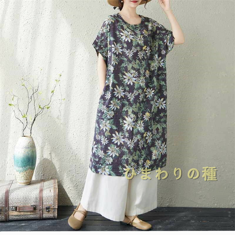 【期間限定3380円→3042円】全8色ロングワンピース ゆったり 和風 半袖 紺色 夏個性的 大きいサイズ シニアワンピース プリント 花柄 通気性 膝丈30代40代50代60代70代80代 綿麻風 和柄ロングワンピース 体型カバー オールインワン thoradia-10133082 sunlight サンプル画像3
