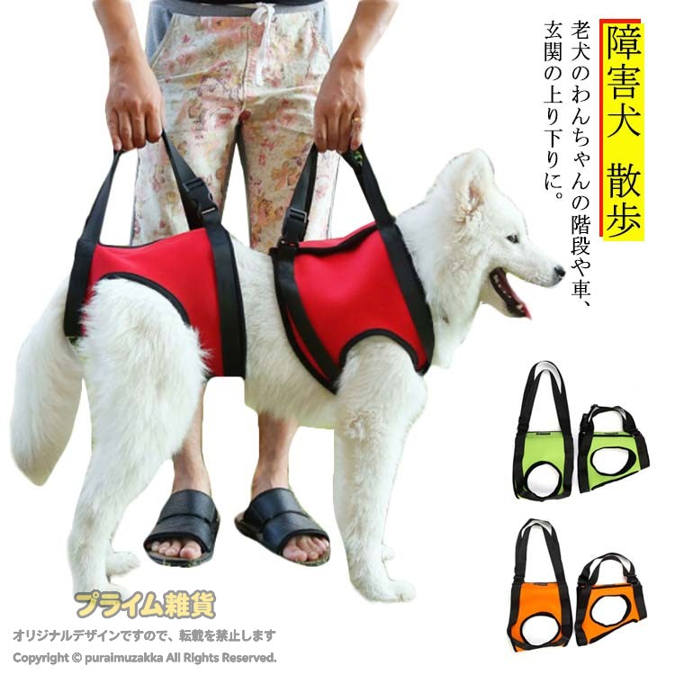 老犬のわんちゃんの階段や車、玄関の上り下りに。ワンちゃんの怪我や関節炎からのリハビリ用にもお手伝いします。フロントハーネス、またはバックハーネスのみからの選択ができます。小型の中型犬から大型犬にフィットします。・おしっこ用の穴があり、犬の肛門部分はハーネスで覆われていません。装着したままトイレが可能です。・持ち手を握って愛犬の起き上がりを補助します。・体重を支えて補助することで散歩の際、愛犬のふらつき、段差越えを補助します。・持ち手のベルトの長さ調節が可能です。・手洗い可能で清潔感を保てます。サイズ前足S 前足M 前足L 後ろ足S 後ろ足M 後ろ足Lサイズについての説明(前足用)S:胸囲55cm/ハーネス幅14cm/お勧め体重11.0-20.0kg　M:胸囲62cm/ハーネス幅21cm/お勧め体重20.0-24.5kg　L:胸囲74cm/ハーネス幅25cm/お勧め体重24.5-34.0kg　(後足用)S:胴囲48cm/ハーネス幅26cm/お勧め体重11.0-20.0kg　M:胴囲60cm/ハーネス幅30cm/お勧め体重20.0-24.5kg　L:胴囲68cm/ハーネス幅34cm/お勧め体重24.5-34.0kg素材ハーネス：ポリエステル、ベルト：ナイロン色レッド オレンジ グリーン備考 ●サイズ詳細等の測り方はスタッフ間で統一、徹底はしておりますが、実寸は商品によって若干の誤差(1cm・3cm )がある場合がございますので、予めご了承ください。●製造ロットにより、細部形状の違いや、同色でも色味に多少の誤差が生じます。●パッケージは改良のため予告なく仕様を変更する場合があります。▼商品の色は、撮影時の光や、お客様のモニターの色具合などにより、実際の商品と異なる場合がございます。あらかじめ、ご了承ください。▼生地の特性上、やや匂いが強く感じられるものもございます。数日のご使用や陰干しなどで気になる匂いはほとんど感じられなくなります。▼同じ商品でも生産時期により形やサイズ、カラーに多少の誤差が生じる場合もございます。▼