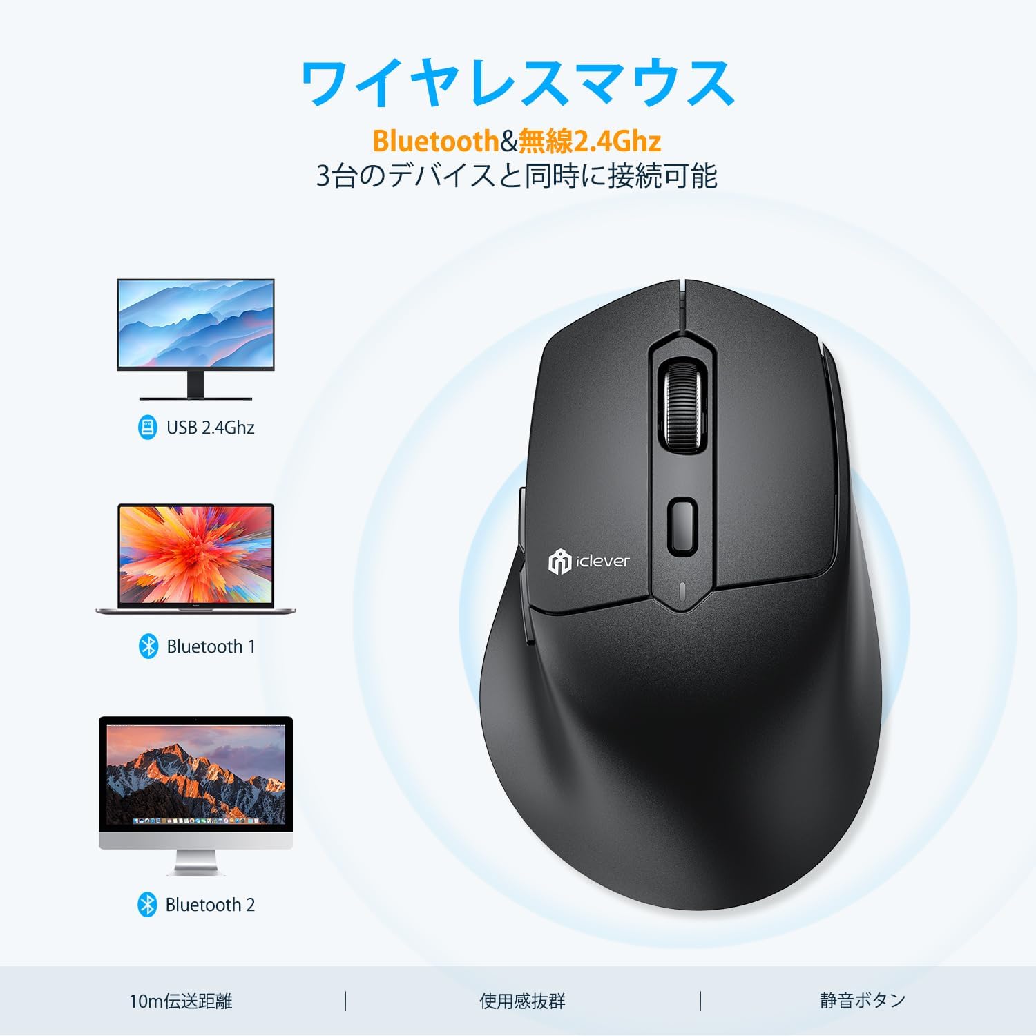 【iClever公式】 iClever ワイヤレスマウス MD360 国内正規品 Bluetooth接続 2.4GHz接続 マルチペアリング 静音 Jiggler ジグラーマウス Type-C充電式 DPI調節可能 ガジェット テレワーク thousandshores-10000503 サウザンドショアス楽天市場店 サンプル画像2