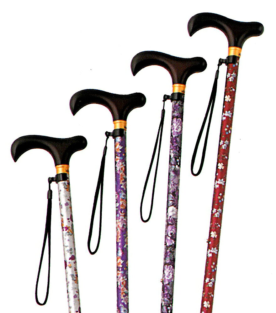 ■商品サイズ：長さ／67.5-90cm ■重さ：約240g ■材質：支柱／アルミニウム 手元グリップ／木製(かえで) ■先ゴム：内径16mmカラフルな色合いの花柄伸縮杖 季節や気分を楽しめる花柄ステッキ。ハッキリとした花柄 が人気のポイント。背の高い方にもお使い頂ける90cm まで対応