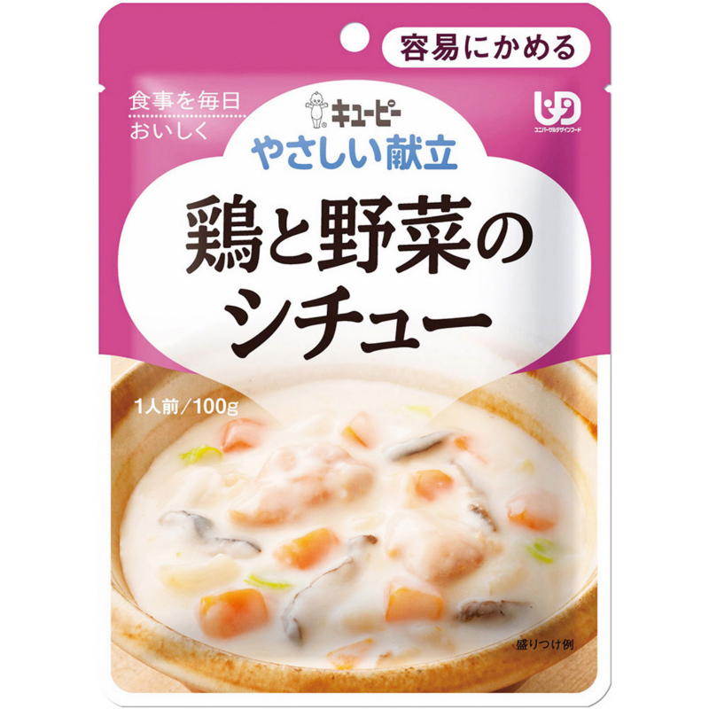 ■内容量:100g 原材料名：野菜（たまねぎ、にんじん、キャベツ）、鶏肉（国産）、牛乳、乳等を主要原料とする食品 （植物油脂、クリーム、脱脂粉乳）、乳たん白加工品（還元水あめ、乳たん白、植物油脂、砂糖、たん白質濃縮ホエイパウダー、乳等を主要原料とする食品、チーズ）、しいたけ、小麦粉、バター、みそ、酵母エキスパウダー、食塩、チキンエキス、砂糖／増粘剤（加工でん粉、キサンタンガム）、調味料（アミノ酸等）、卵殻カルシウム、香辛料抽出物、酸味料、（一部に卵・乳成分・小麦・大豆・鶏肉を含む） ［キユーピー］固いものが少し食べにくい方に やわらかく仕立てた鶏肉を玉ねぎ、キャベツ、にんじん、しいたけとじっくり煮込んだ シチューです。 みそを隠し味にきかせたコクのある仕立てです。 区分1から区分4までの介護食どれでも合計10袋以上のご注文で5%値引きサービス中