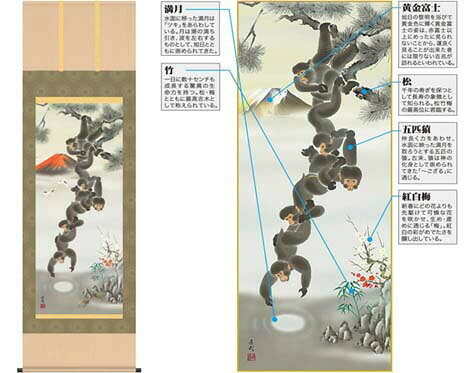 樂天商城 - 掛軸「月五猿赤富士図」久我直哉筆 尺三桐箱 [ 収納箱 10年保証 31×89 品質保証書 国内産 厄除け 開運 縁起 国産 受注生産 床の間 和風 掛け軸 日本製 名画 縁起物 プレゼント 画寸 送料無料 ]