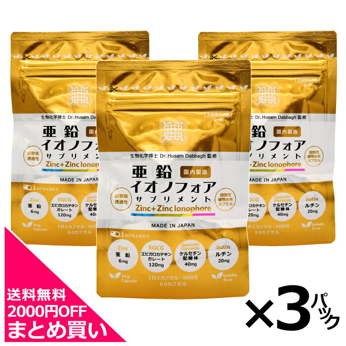 【まとめ買い3パックセット】送料無料『亜鉛イオノフォア』サプリメント（栄養機能食品）細胞内亜鉛の追加補給／ファイトケミカル（EGCG・ケルセチン配糖体）高配合＋ルチン／国内製造／メール便