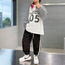 小学生 男の子 セットアップ ロゴ ボーダー 長袖 カットソー スウェット パンツ カジュアルスーツ 通学 スポーツ ダンス ストリート ヒップホップ 韓国 秋...
