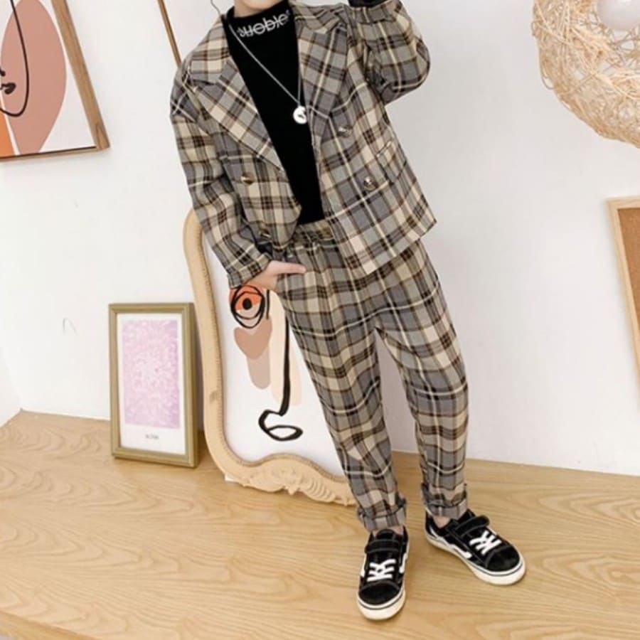 韓国子供服 スーツセットアップ 男の子 春秋 コート + 長ズボン チェック柄 上下セット スーツ フォーマル 入学式 卒業式 七五三 演出 結婚式 発表会 受...