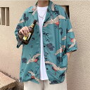 メンズ 韓国 シャツ 半袖 オシャレ トップス クレーンプリント 高校生 中学生 10代 20代 ファッション 10366