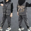 子供服 パーカー デニムベスト デニムパンツ セットアップ キッズ 男子 上下 韓国 男の子 男児 長袖 ジュニア 3点セット 子供服 トップス 長ズボン おし...