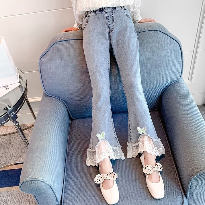 小学生 デニム 裾レース パンツ ズボン ボトムス 女の子 デニム フレアパンツ ジーパン キッズ 子ども 子供服 ファッション おしゃれ ダンス 通学 スウェ...