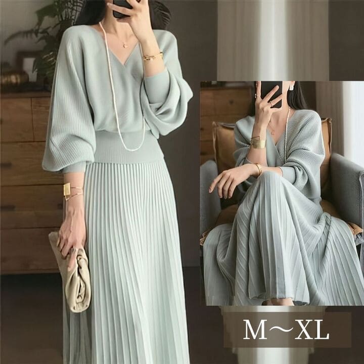 セットアップ レディース ニット Vネック セーター ランタンスリーブ プリーツ ロング スカート 秋冬春 スカート スーツ 40代 50代 60代 オシャレ ...