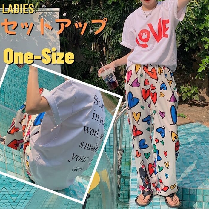 中学生 高校生 ファッション セットアップ ロゴ Tシャツ ショート ロング プリント パンツ 2点セット カジュアル ルームウエア リラックスウエア 夏 10代 20代 韓国 おしゃれ レディース 15037