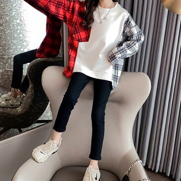 子供服 Tシャツ キッズ 女の子 韓国子ども服 ゆとり 長袖 丸い襟 切り替え トップス おしゃれ スウェット 春秋 ジュニア カジュアル 可愛い 普段着 通学着 2色 9656
